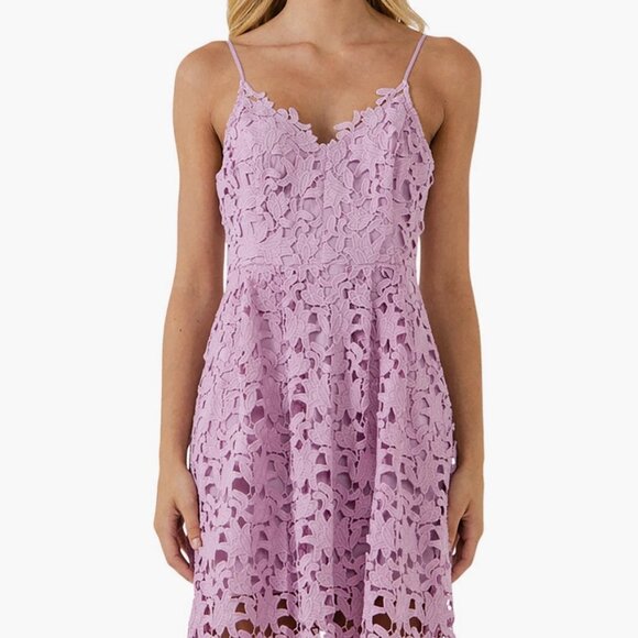 Lace Spaghetti Strap V-Neck Midi Dress Purple, Floral Crochet Overlay, Medium - Picture 3 of 9